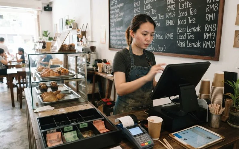 A bright Petaling Jaya cafe interior with a barista preparing espresso drinks at a counter while customers sit at wooden tables