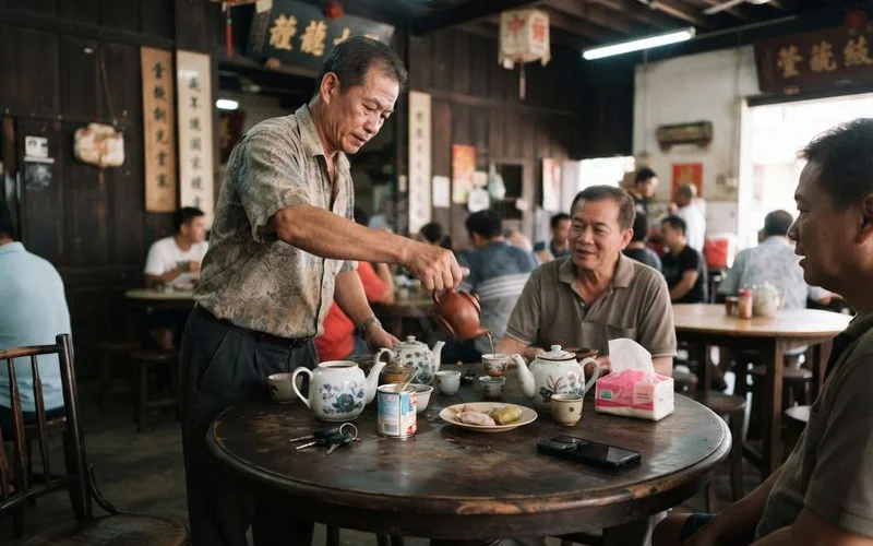 Close-up of a traditional tea house setup in Petaling Jaya with a teapot and cups on a wooden table in a quiet corner